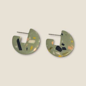 Terrazzo Style Sage Green Hoop Earrings With Multicolored Inlays Geometric Desig